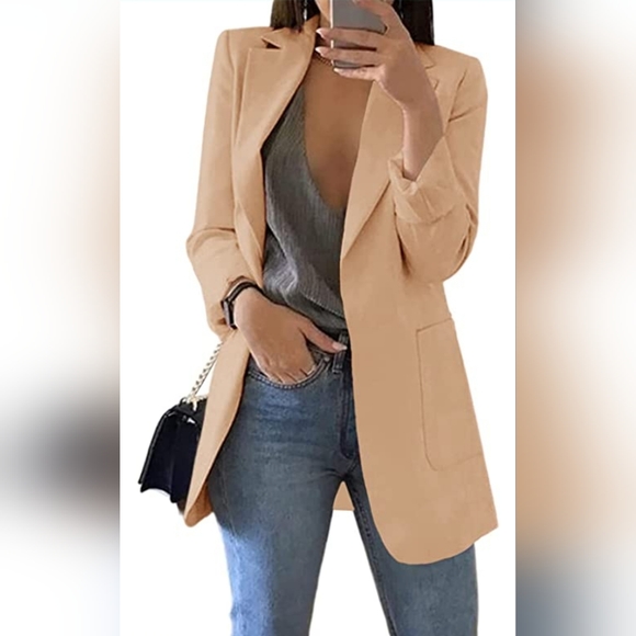 NewXL Nude Casual Blazers Open Front Long Sleeve Lapel Collar Work Office Jacket - Picture 1 of 12